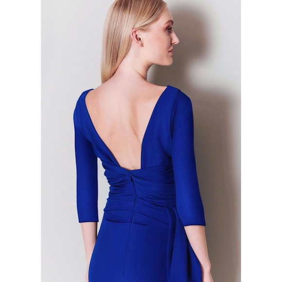 Talbot Runhof Bouvier 2 Crepe Waist Tie Ruched Draped Dress Gown Blue 6 - Picture 2 of 15